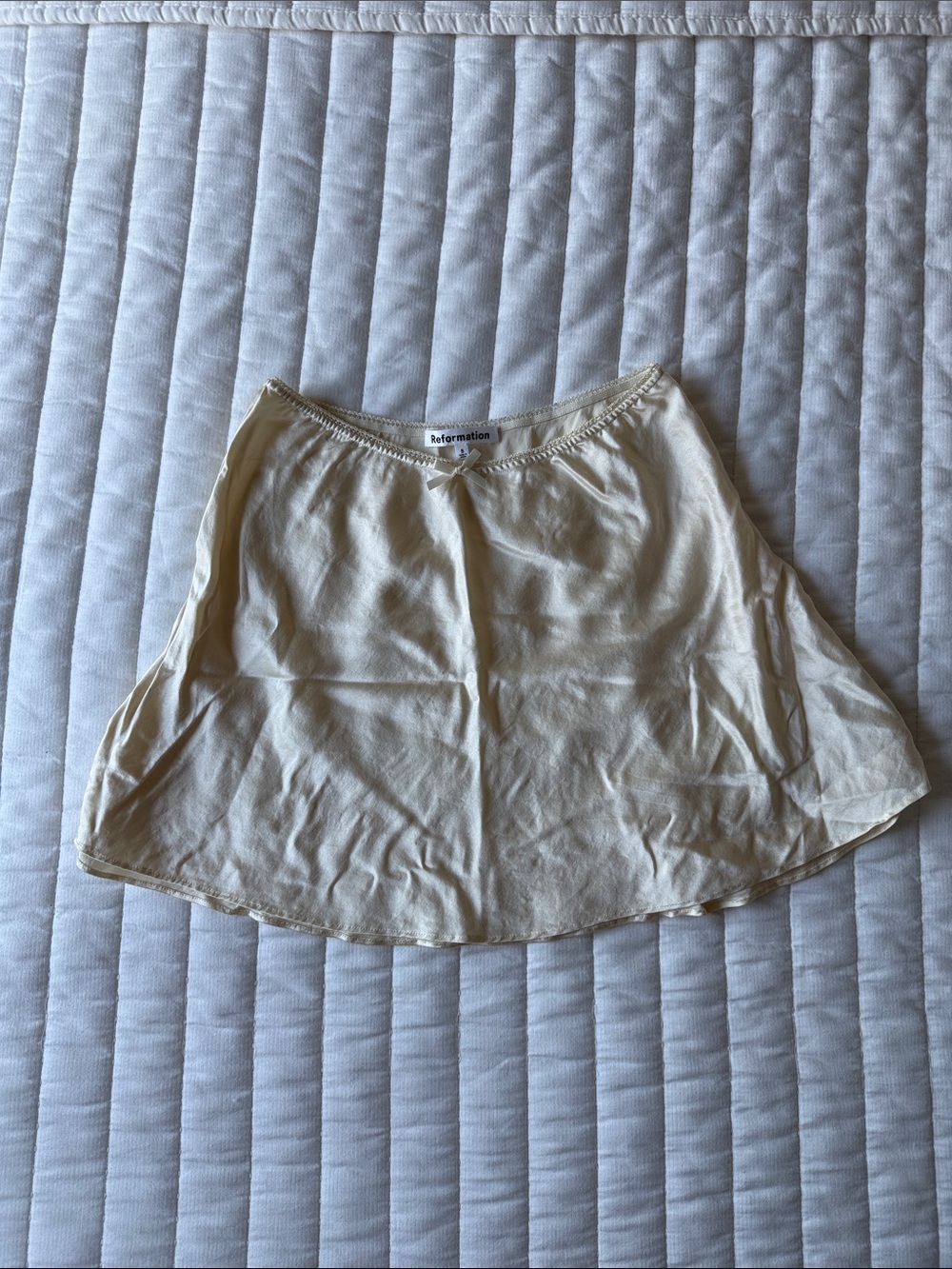 Reformation Soft Ivory Satin Silk Mini Skirt